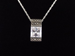 .925 Sterling Silver Art Nouveau Square Cut Crystal Pendant Necklace