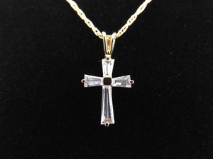 .925 Sterling Silver Baguette Crystal Cross Vermeil Pendant Necklace
