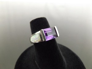 .925 Sterling Silver Square Cut Amethyst Inlayed Opal Collar Ring Size 5