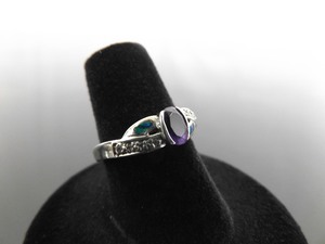 .925 Sterling Silver Oval Cut Amethyst Inlayed Opal Collar Ring Size 6.5