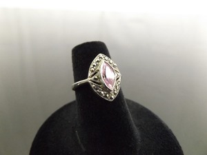 .925 Sterling Silver Art Nouveau Marquise Cut Pink Sapphire Ring Size 5