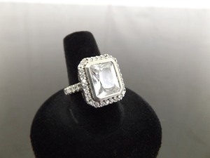 .925 Sterling Silver Square Cut Crystal Cocktail Ring Size 5