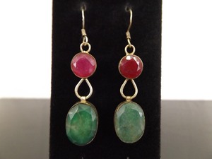 .925 Sterling Silver Clouded Ruby and Emerald Dangle Hook Earrings