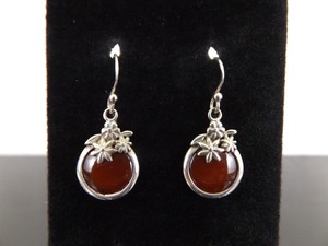 .925 Sterling Silver Amber Flower Dangle Hook Earrings