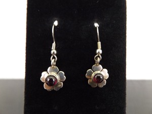 .925 Sterling Silver Garnet Cabochon Flower Dangle Hook Earrings