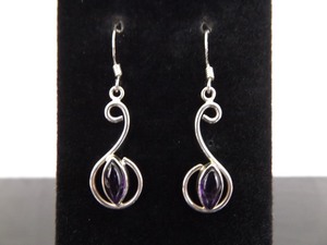 .925 Sterling Silver Marquise Cabochon Amethyst Dangle Hook Earrings
