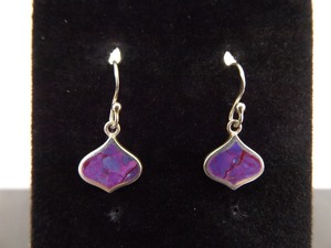 .925 Sterling Silver Inlayed Purple Agate Dangle Hook Earrings