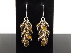.925 Sterling Silver Yellow Amber Cabochon Cluster Dangle Hook Earrings