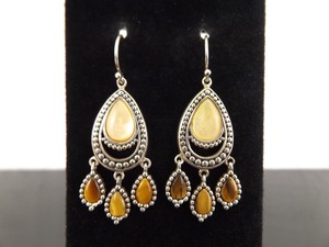 .925 Sterling Silver Inlayed Mother of Pearl and Amber Dangle Hook Earrings