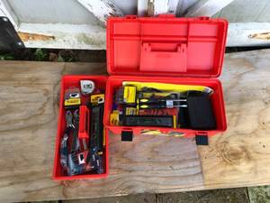 lot 353 image: Misc tools and toolbox and 14v Milwaukee drill