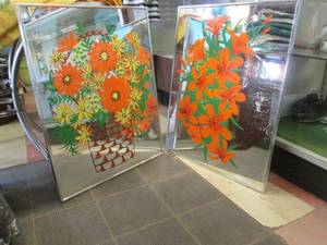 lot 98 image: 2 orange flowered mirrors, 22 x 28...