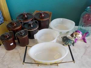lot 311 image: Pyrex, Ball Jar, and Crocks and mor...