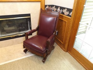 lot 3 image: Antique Hand Carved Wood Leather Spring Rocking Chair