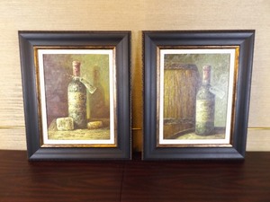 lot 69 image: 2 Wood Framed Oil on Canvas Paintings of Wine Bottles Signed Jefferson
