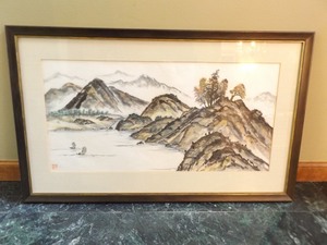 lot 72 image: Framed Artist Signed Asian Themed Watercolor Wood Block