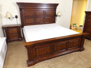 lot 91 image: King Sized SOLID Wood Headboard, Footboard, Side Rails and Nightstand