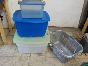 lot 102 image: 3 Totes with Covers and 1 Laundry b...
