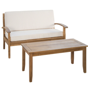 lot 17 image: PEYTON Outdoor 2-piece Acacia Wood Loveseat and Coffee Table Set by Christopher Knight Home - Beige