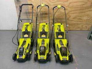 lot 65 image: RYOBI Lot of 3- 13 cordless lawn mowers. Two of them are 18v Lithium and One is 11 Amp
