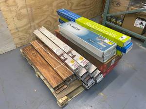 lot 80 image: Pallet of various flooring materials.  Tile, Reclaimed wood, vinyl, etc.