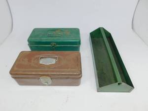 lot 90 image: Metal Tool Holder  2 Vintage Metal Tackle Boxes