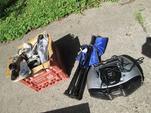 lot 50 image: Stereo, Camp Stool, & Crate Full of...