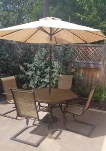 lot 5 image: Hexagon Patio Table with 4 Chairs and Umbrella