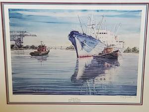 lot 62 image: Tony Yaworski Signed Print  Foreign Vessel DuluthSuperior Harbor