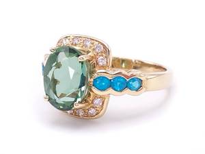 lot 16 image: Colorful Diamond, Green Amethyst, and Blue Topaz Estate Ring in 14k Yellow Gold $2450