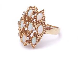 lot 25 image: Opal and Diamond Cluster Estate Ring in 14k Yellow Gold $1999