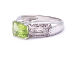 lot 30 image: Emerald Cut Natural Peridot and Diamond Estate Ring in 14k White Gold $2275