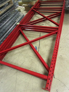 MECALUX STEEL PALLET RACKING, 10 TALL FRAMES  WITH 8 CROSSBEAMS