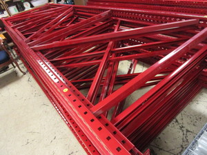 MECALUX STEEL PALLET RACKING, 14 TALL FRAMES  WITH 8 CROSSBEAMS