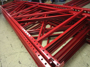 MECALUX STEEL PALLET RACKING, 14 TALL FRAMES  WITH 10 CROSSBEAMS