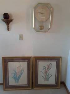 lot 13 image: Signed Moran Prints 24x29, London Quartz Clock & Wall Sconce