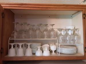 lot 35 image: Contents Of Cupboard- Stemware, Milk Glass, Red Glass, Cook Books  Bring Boxes For Load Out