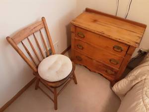 lot 137 image: Vintage 3-Drawer Chest & Old Wood Chair 30x16x28