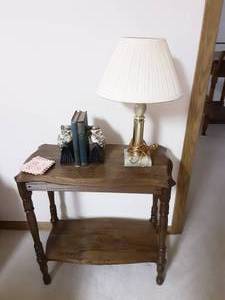 lot 141 image: 2-Tier Table, Book Ends, Marble Base Lamp
