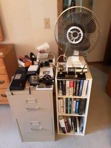 lot 147 image: 2-Drawer File, Books & Shelf, Fan, Office Related