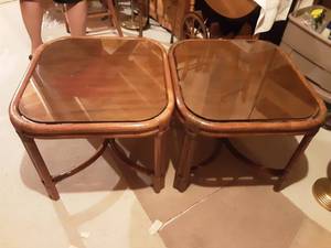 lot 181 image: 2-Glass Top Rattan Side Tables 24x26x20