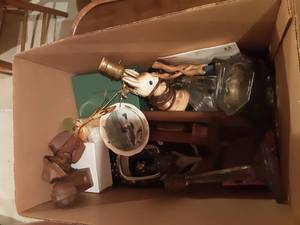 lot 186 image: Box Of Collectibles Loons, Glass Candle Sticks, Carved Wood, More