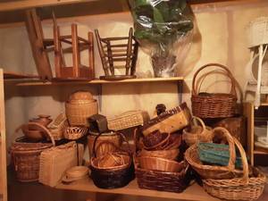 lot 188 image: Large Lot Of Wicker Baskets, Small Wood Stool, ,Table, Plant Stand