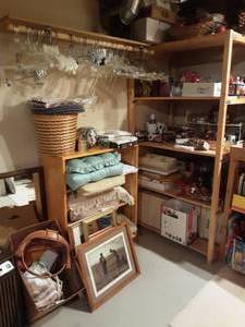 lot 200 image: 2-Shelves & Contents Mirror, Pictures, Pillows, Textiles, Candles, Dish Wares, Vintage Collectibles