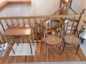 lot 206 image: 2-Wood Cane Seat Chairs & Old Wood Table With Drawer