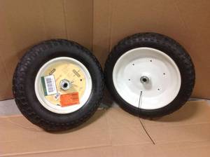 lot 46 image: TWO MARATHON 14.5 in. Flat Free Universal Wheelbarrow Wheel SEE PICS