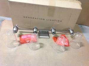 lot 49 image: FEISS Monterro 30 in. W. 4-Light Satin Nickel Vanity Light with Clear Seeded Glass Shades SEE PICS