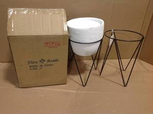 lot 56 image: Flora Bunda 12.5 in. H White Cement Concrete Planter on Metal Stand Mid-Century Planter- Includes 1 Planter and 2 Stands