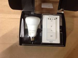 lot 86 image: Philips Hue White Ambiance Wireless Lighting Recipe Kit- A19 LED 60W Equivalent Dimmable Smart Light Bulb and Remote Dimmer Switch in good condition