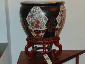 lot 8 image: Large Chinese Porcelain Fish Bowl on Stand decorated with Koi Fish Inside  26 high with stand x 21 diameter