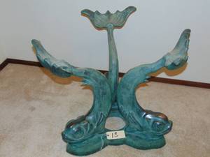 lot 13 image: Magnificent Solid Surface top table with Green Bronze Fish Base in very good condition create an alternative smaller glass top to show the base and increase use flexibility.